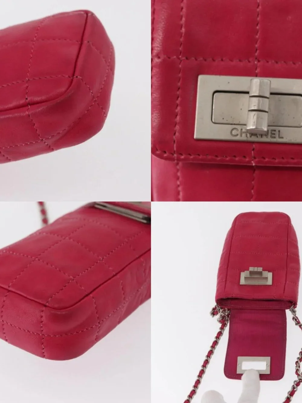 CHANEL Choco Bar line Chain Shoulder Bag Leather Pink Silver CC Auth BA8714
